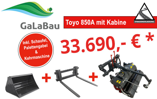 Galabau-Aktion Toyo 850A Kabine mit Kehrmaschine